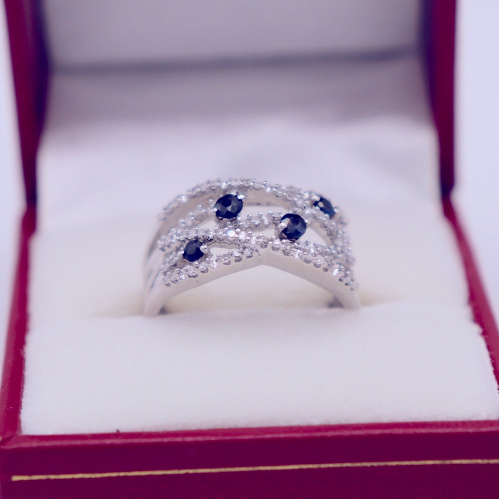 GENUINE Blue Sapphire and Diamond Ring; 14k W. Gold; Sz 6.5 New Rhodium Plating! - Picture 3 of 9